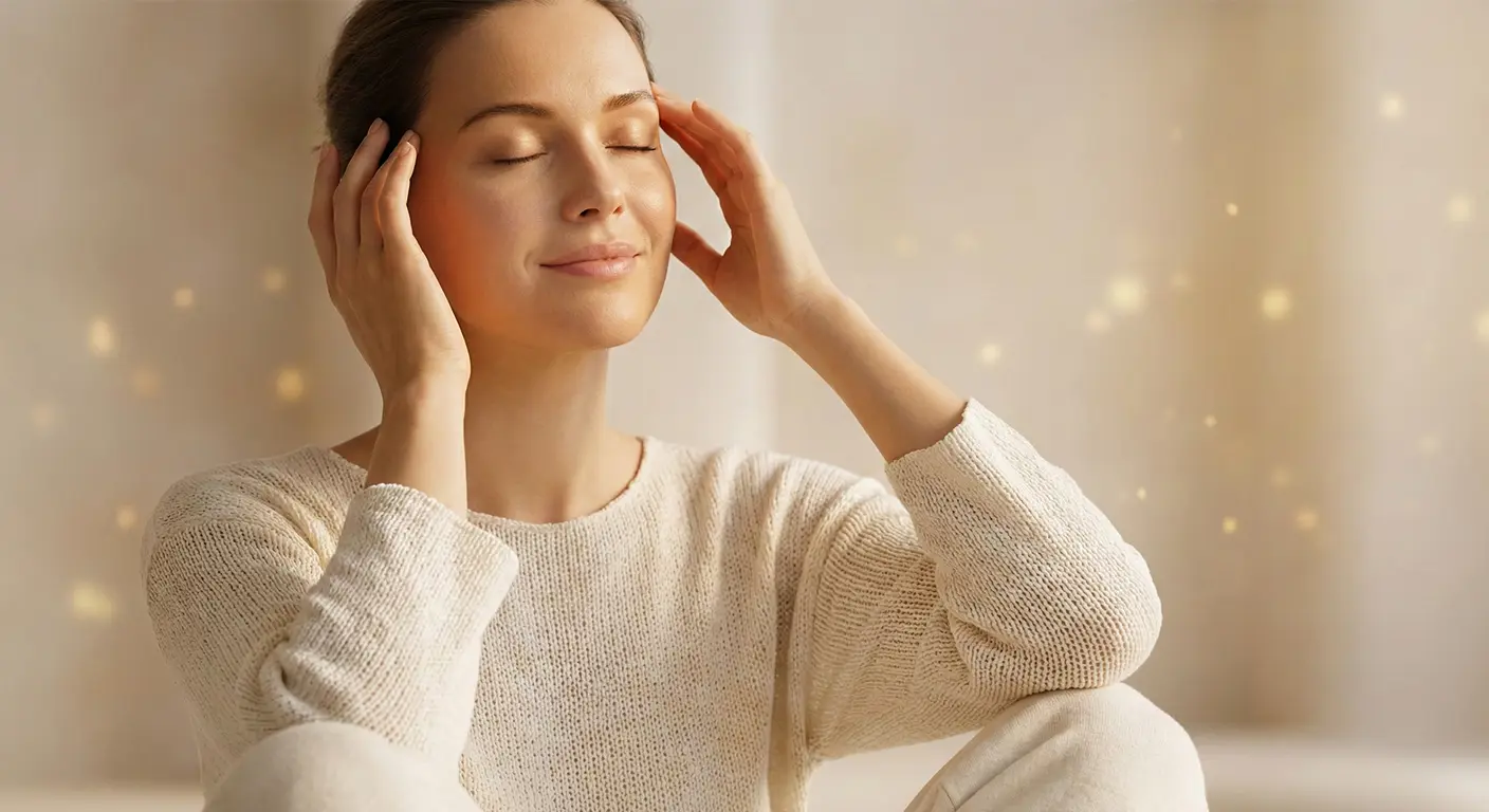 Klidná usměvavá žena s rukama u hlavy, symbolizující úlevu od stresu a duševní pohodu